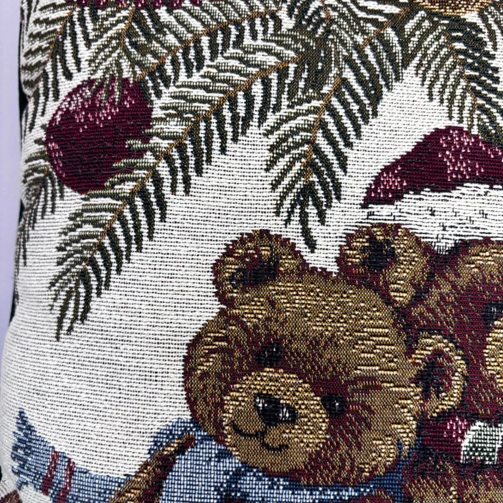 Vintage Christmas Teddy Bear Woven Tapestry Throw Pillows Set of 2 Green Back